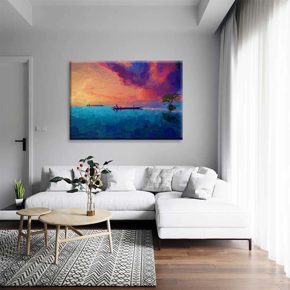 Gün Batımında Kayık ve Göl Manzarası Kanvas Tablo 4374