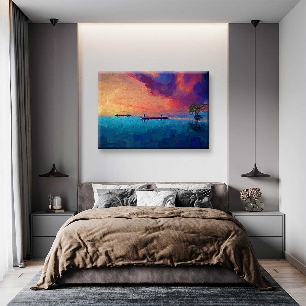 Gün Batımında Kayık ve Göl Manzarası Kanvas Tablo 4374