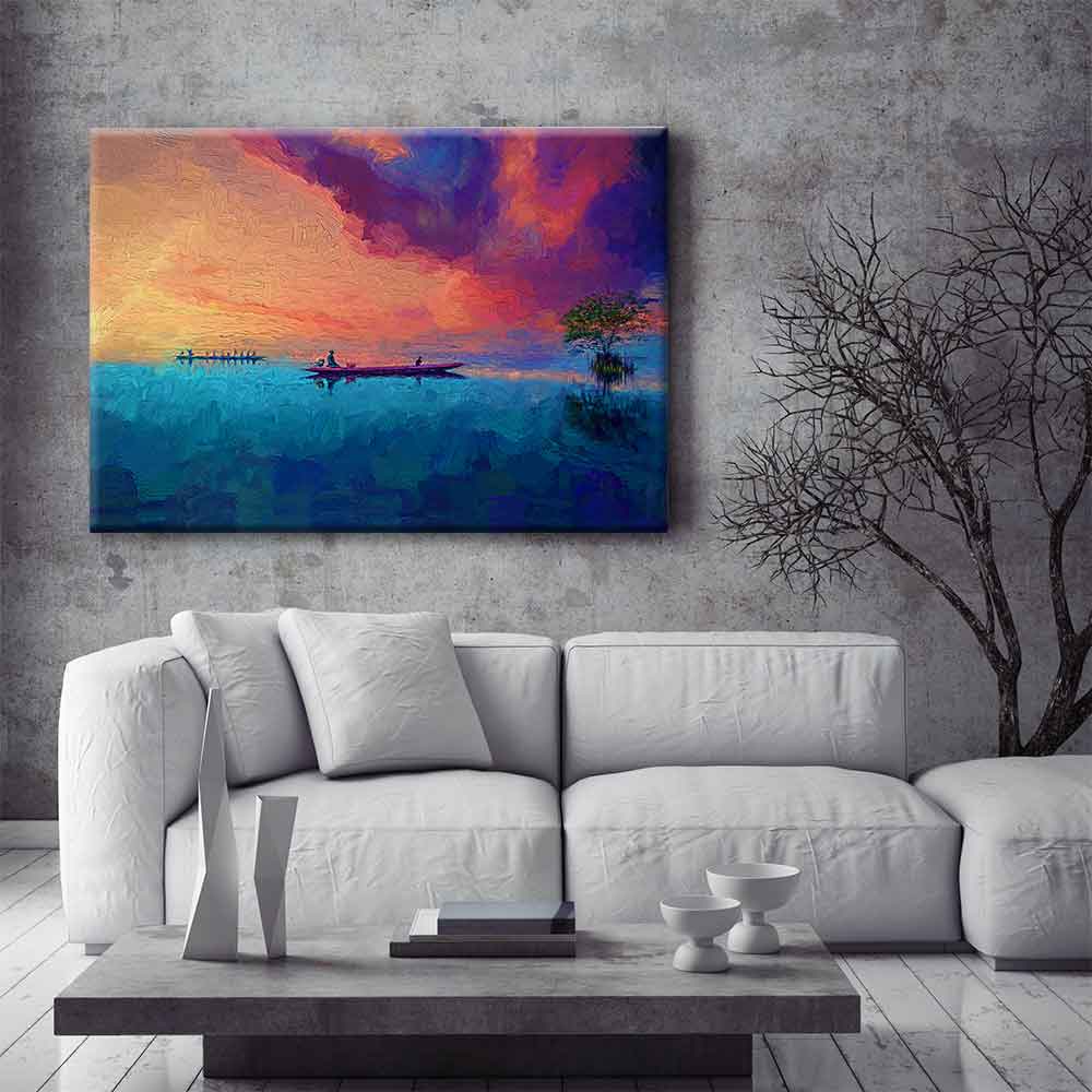 Gün Batımında Kayık ve Göl Manzarası Kanvas Tablo 4374