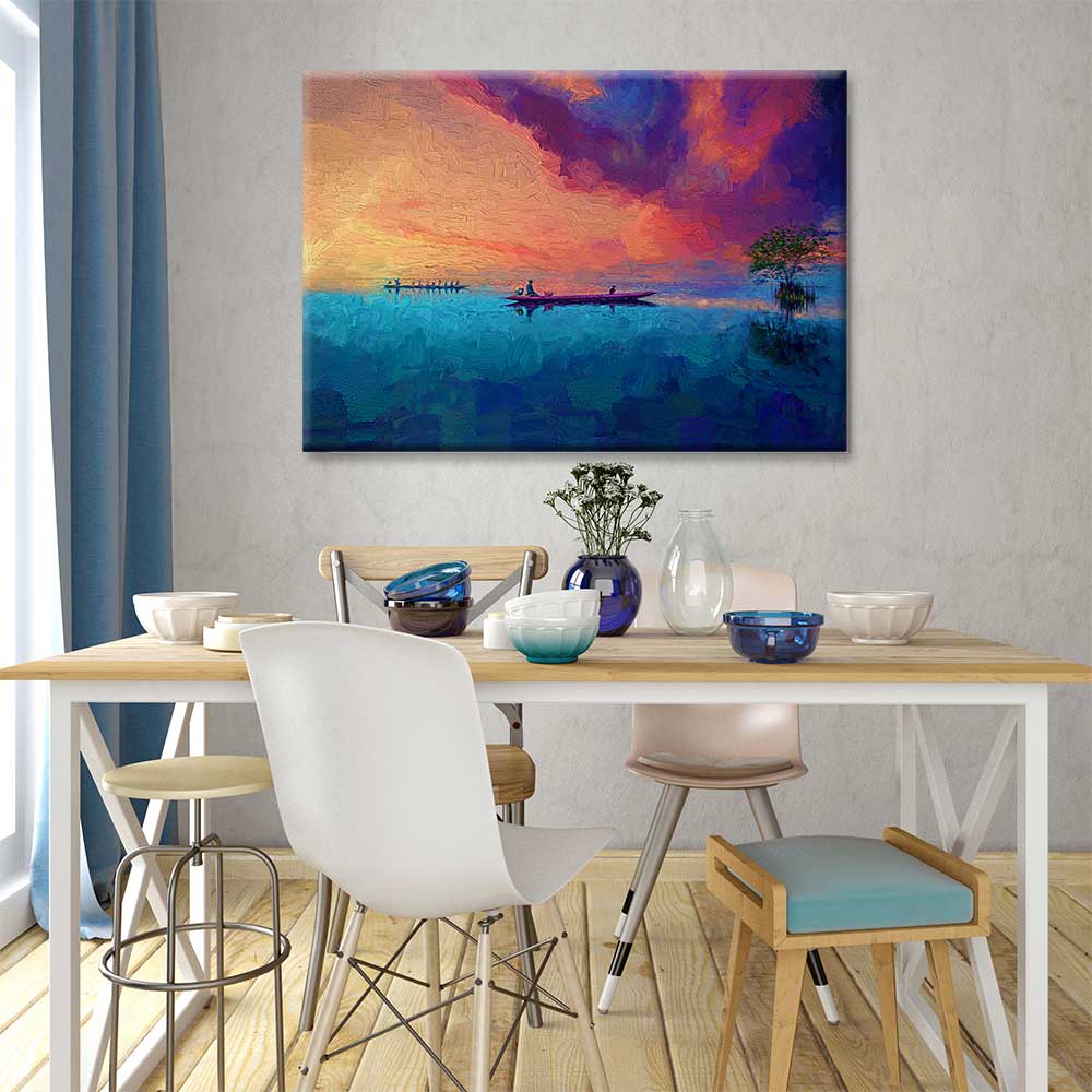 Gün Batımında Kayık ve Göl Manzarası Kanvas Tablo 4374