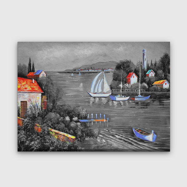 Siyah Beyaz Gölde Yelkenli ve Renkli Evler Kanvas Tablo 4386