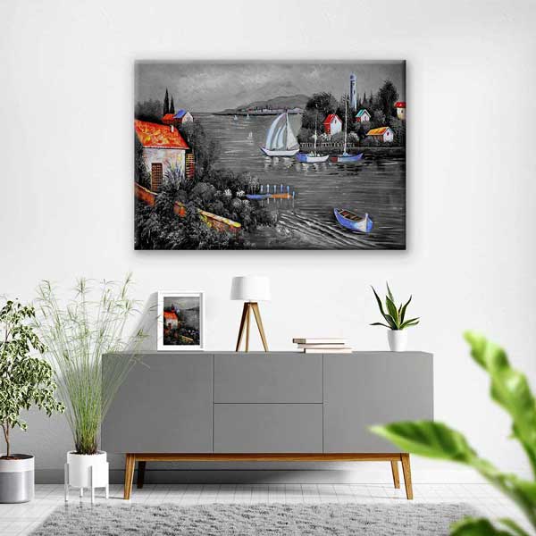 Siyah Beyaz Gölde Yelkenli ve Renkli Evler Kanvas Tablo 4386