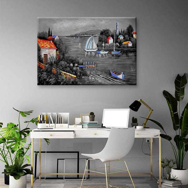 Siyah Beyaz Gölde Yelkenli ve Renkli Evler Kanvas Tablo 4386