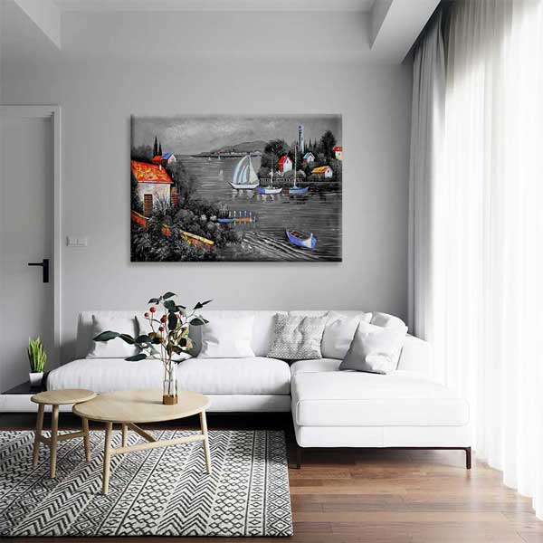 Siyah Beyaz Gölde Yelkenli ve Renkli Evler Kanvas Tablo 4386
