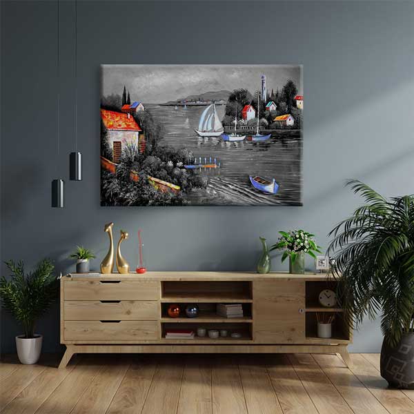 Siyah Beyaz Gölde Yelkenli ve Renkli Evler Kanvas Tablo 4386