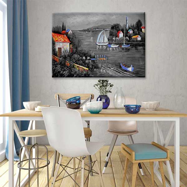 Siyah Beyaz Gölde Yelkenli ve Renkli Evler Kanvas Tablo 4386