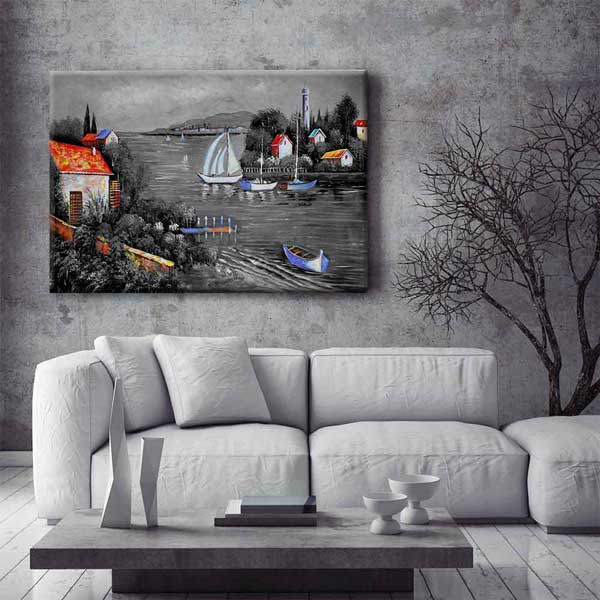 Siyah Beyaz Gölde Yelkenli ve Renkli Evler Kanvas Tablo 4386