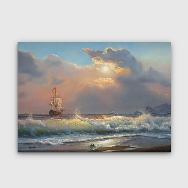 Gün Batımında Yelkenli ve Dalga Manzarası Kanvas Tablo 4393