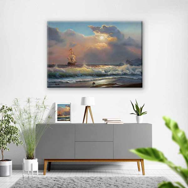 Gün Batımında Yelkenli ve Dalga Manzarası Kanvas Tablo 4393