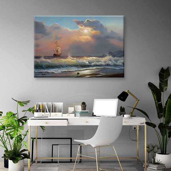 Gün Batımında Yelkenli ve Dalga Manzarası Kanvas Tablo 4393
