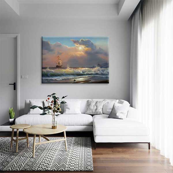 Gün Batımında Yelkenli ve Dalga Manzarası Kanvas Tablo 4393