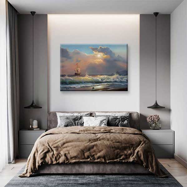 Gün Batımında Yelkenli ve Dalga Manzarası Kanvas Tablo 4393