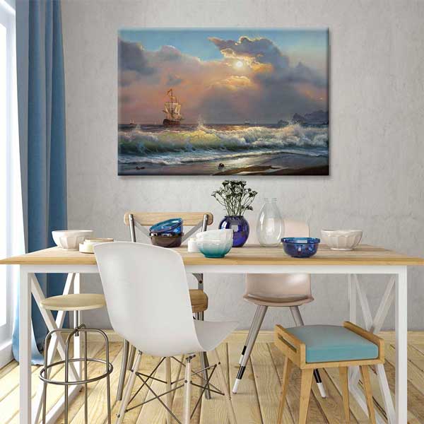 Gün Batımında Yelkenli ve Dalga Manzarası Kanvas Tablo 4393