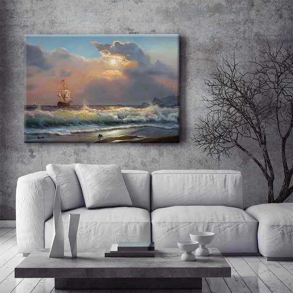 Gün Batımında Yelkenli ve Dalga Manzarası Kanvas Tablo 4393