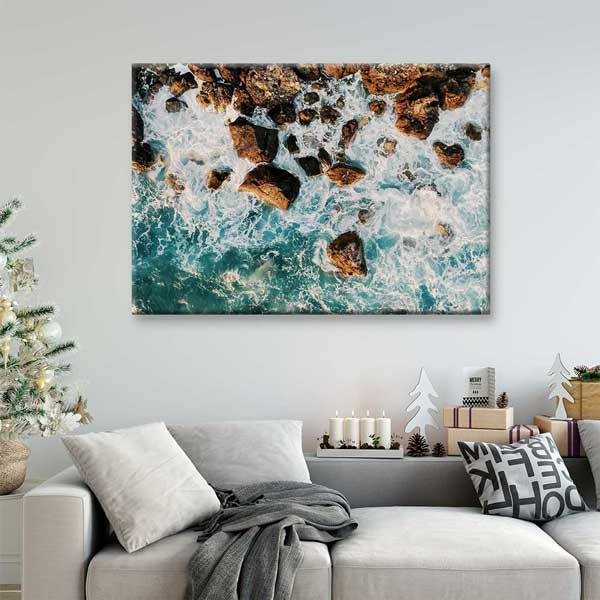 Kayalıklara Vuran Dalgalar Üstten Görünüm Deniz Temalı Duvar Tablosu 4572