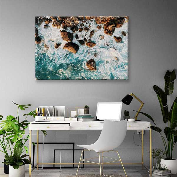 Kayalıklara Vuran Dalgalar Üstten Görünüm Deniz Temalı Duvar Tablosu 4572