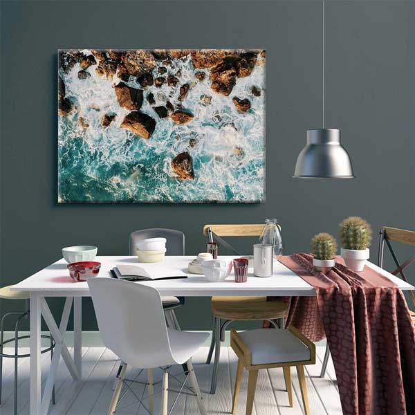 Kayalıklara Vuran Dalgalar Üstten Görünüm Deniz Temalı Duvar Tablosu 4572