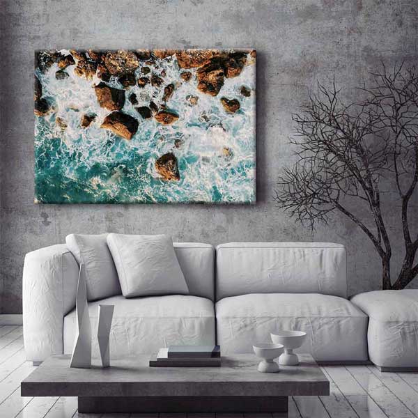 Kayalıklara Vuran Dalgalar Üstten Görünüm Deniz Temalı Duvar Tablosu 4572