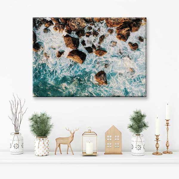 Kayalıklara Vuran Dalgalar Üstten Görünüm Deniz Temalı Duvar Tablosu 4572