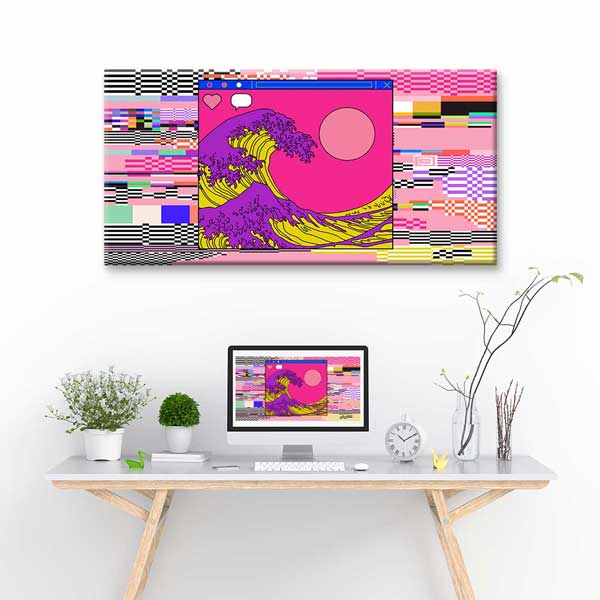 Pop Renkli Glitch Japon Dalga Dijital Sanat Kanvas Duvar Tablosu 4789
