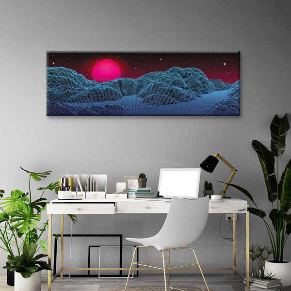 Synthwave Neon Güneş Wireframe Dağlar Dijital Sanat Kanvas Duvar Tablosu 4800