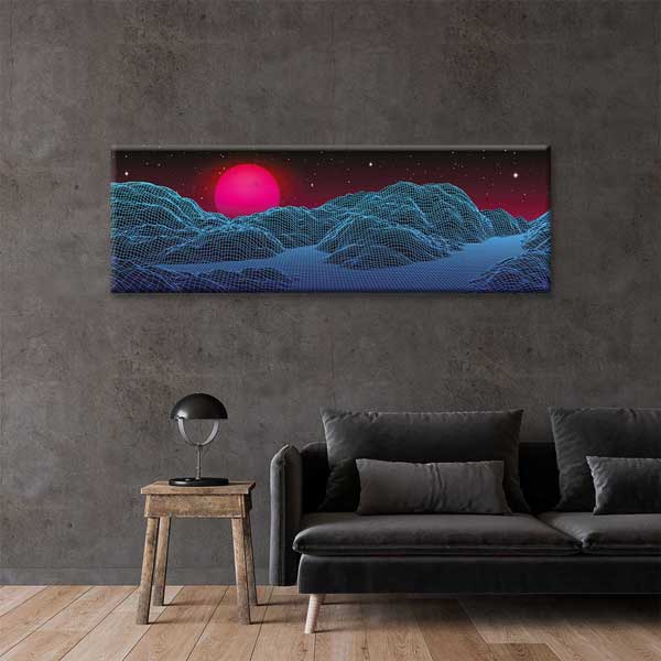 Synthwave Neon Güneş Wireframe Dağlar Dijital Sanat Kanvas Duvar Tablosu 4800