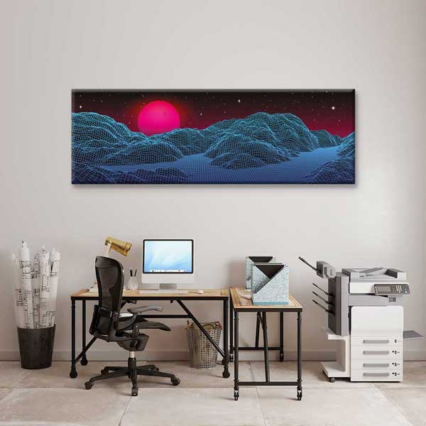 Synthwave Neon Güneş Wireframe Dağlar Dijital Sanat Kanvas Duvar Tablosu 4800
