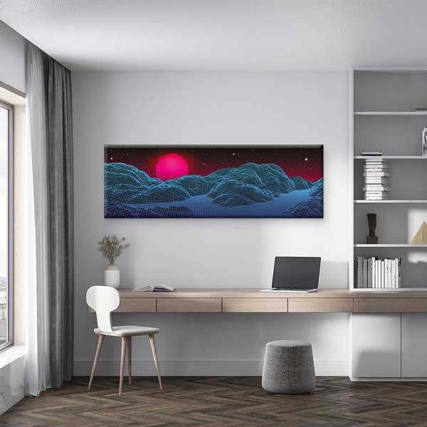 Synthwave Neon Güneş Wireframe Dağlar Dijital Sanat Kanvas Duvar Tablosu 4800