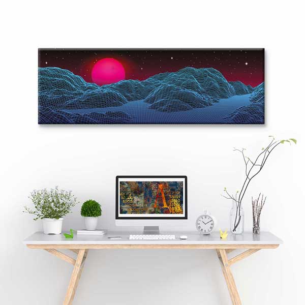 Synthwave Neon Güneş Wireframe Dağlar Dijital Sanat Kanvas Duvar Tablosu 4800