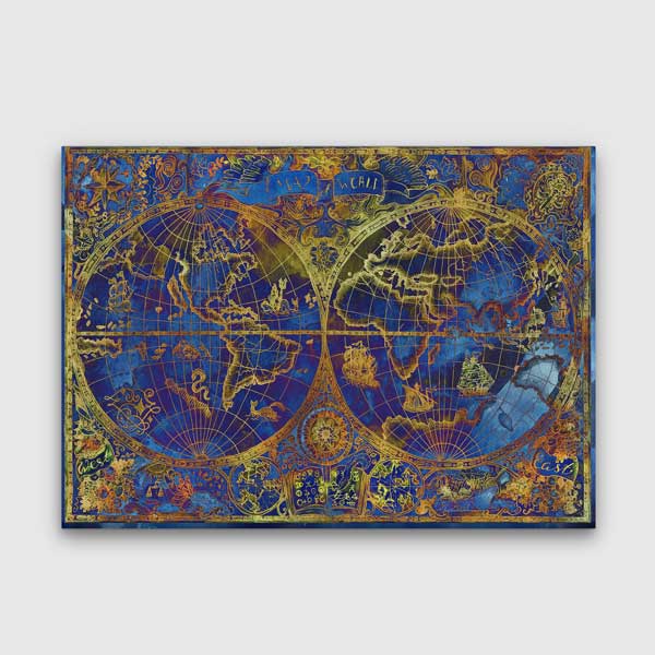 Altın Detaylı Lacivert Dünya Haritası Kanvas Tablo 5099