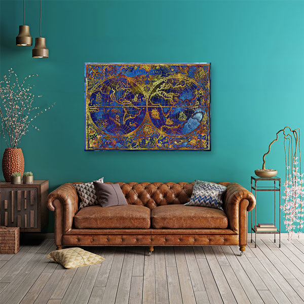 Altın Detaylı Lacivert Dünya Haritası Kanvas Tablo 5099