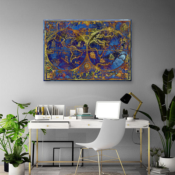 Altın Detaylı Lacivert Dünya Haritası Kanvas Tablo 5099