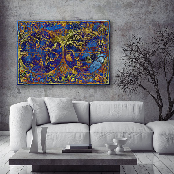 Altın Detaylı Lacivert Dünya Haritası Kanvas Tablo 5099