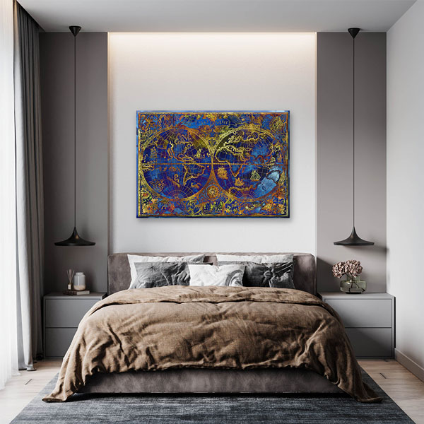 Altın Detaylı Lacivert Dünya Haritası Kanvas Tablo 5099