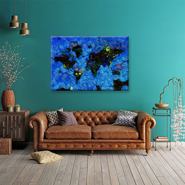 Mavi Fırça Dokulu Dünya Haritası Kanvas Tablo 5102