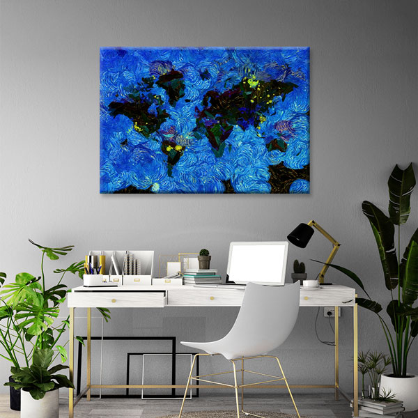 Mavi Fırça Dokulu Dünya Haritası Kanvas Tablo 5102