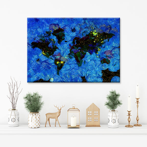 Mavi Fırça Dokulu Dünya Haritası Kanvas Tablo 5102