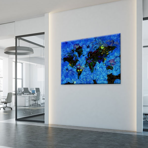 Mavi Fırça Dokulu Dünya Haritası Kanvas Tablo 5102