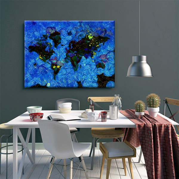 Mavi Fırça Dokulu Dünya Haritası Kanvas Tablo 5102