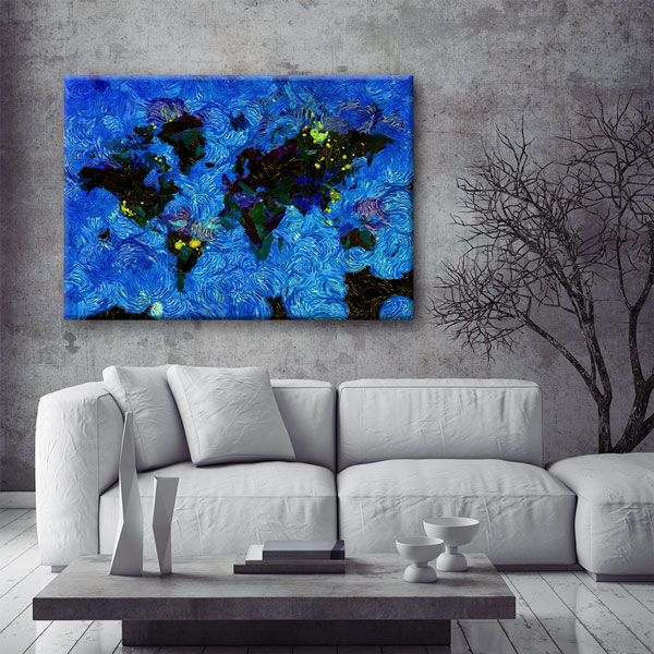 Mavi Fırça Dokulu Dünya Haritası Kanvas Tablo 5102