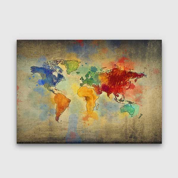 Eskitme Zemin Renkli Dünya Haritası Kanvas Tablo 5104