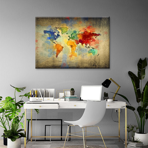 Eskitme Zemin Renkli Dünya Haritası Kanvas Tablo 5104