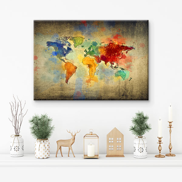 Eskitme Zemin Renkli Dünya Haritası Kanvas Tablo 5104