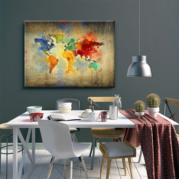 Eskitme Zemin Renkli Dünya Haritası Kanvas Tablo 5104