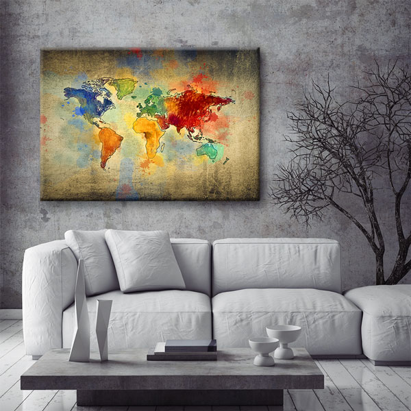 Eskitme Zemin Renkli Dünya Haritası Kanvas Tablo 5104