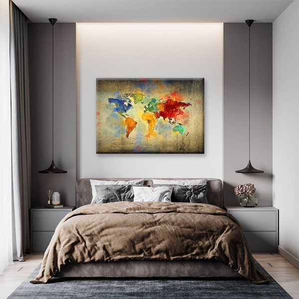 Eskitme Zemin Renkli Dünya Haritası Kanvas Tablo 5104