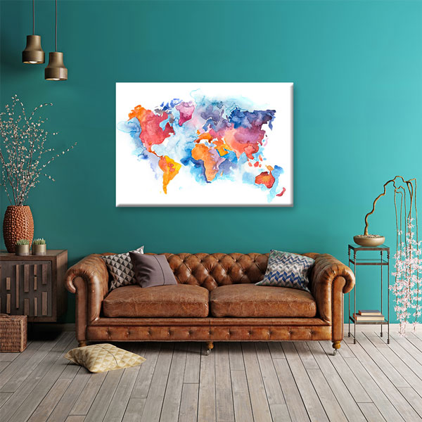 Sulu Boya Efektli Dünya Haritası Kanvas Tablo 5105