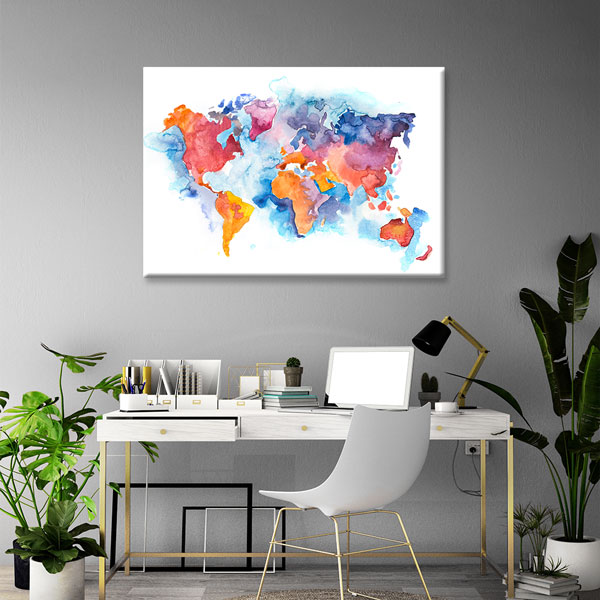 Sulu Boya Efektli Dünya Haritası Kanvas Tablo 5105
