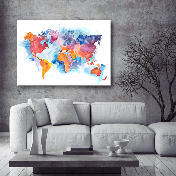 Sulu Boya Efektli Dünya Haritası Kanvas Tablo 5105