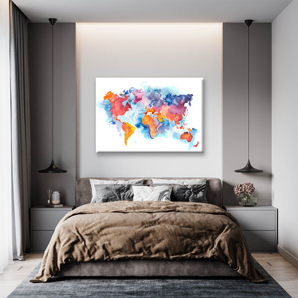 Sulu Boya Efektli Dünya Haritası Kanvas Tablo 5105